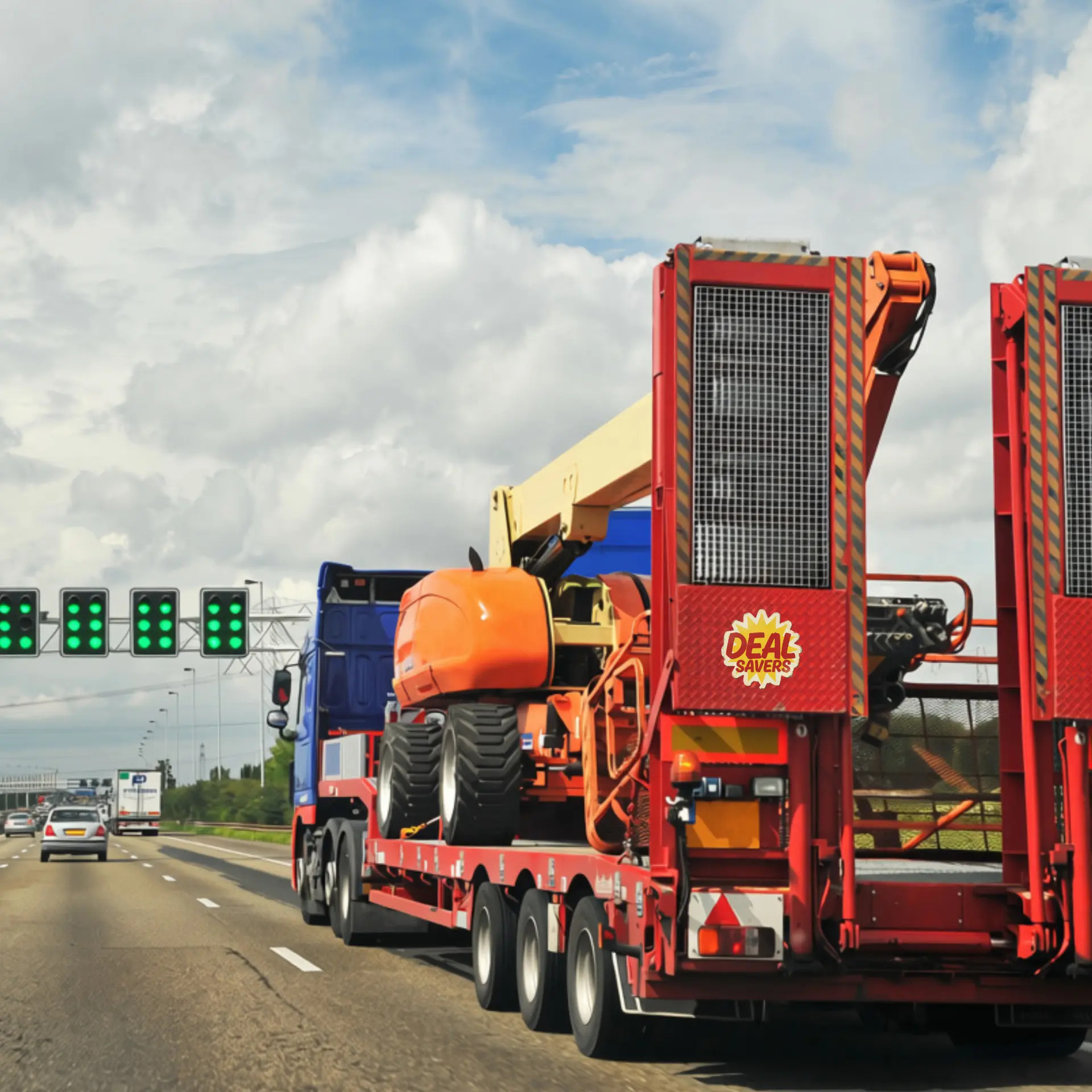 Flatbed trailer hauling an orange boom lift down the highway