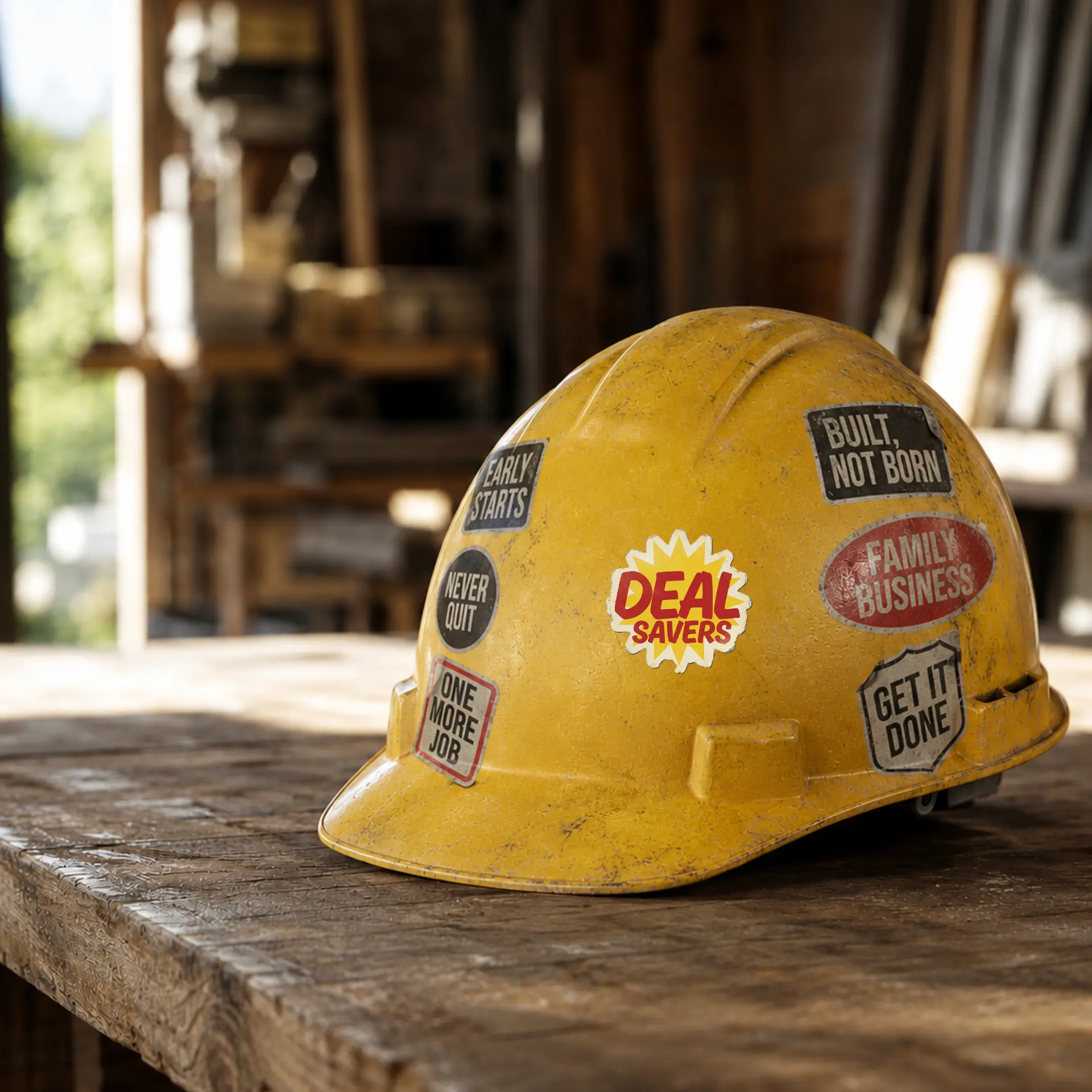 Yellow hard hat with a Deal Savers sticker on a workbench