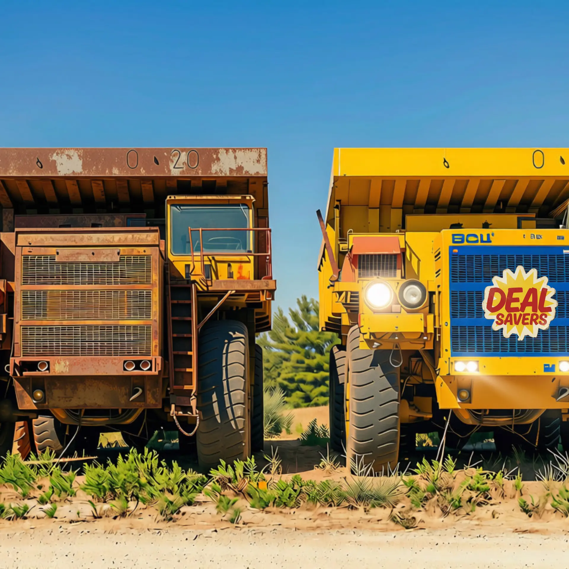 Two large construction dump trucks side by side on a job site