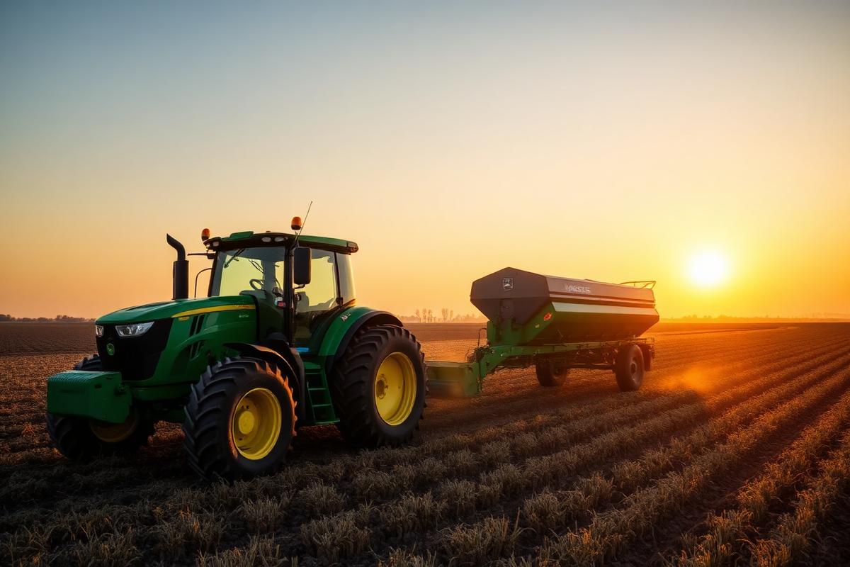 Green farm tractor pulling a seeding implement across a field at sunset
