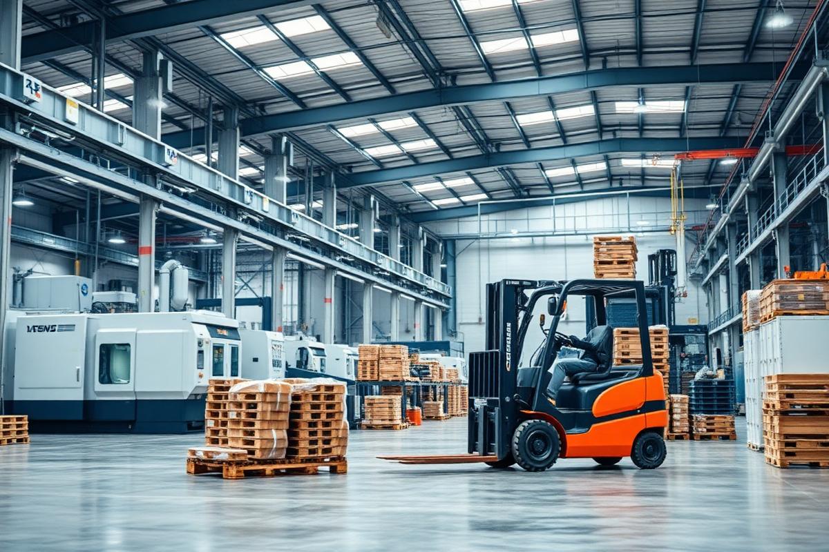Forklift moving pallets inside a modern manufacturing facility